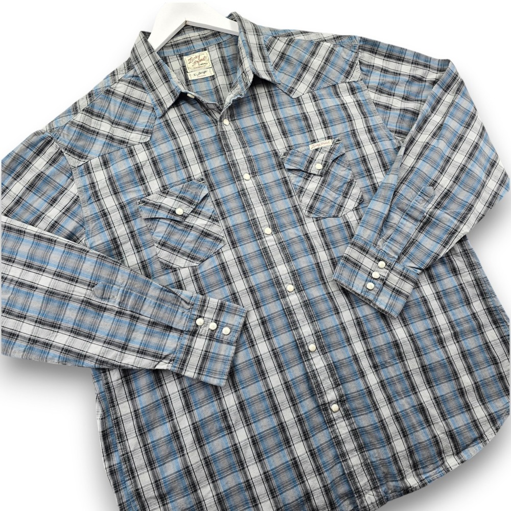 Lucky Brand Mens XL Western Shirt Blue Plaid Long Sleeve Pearl Snap Cotton